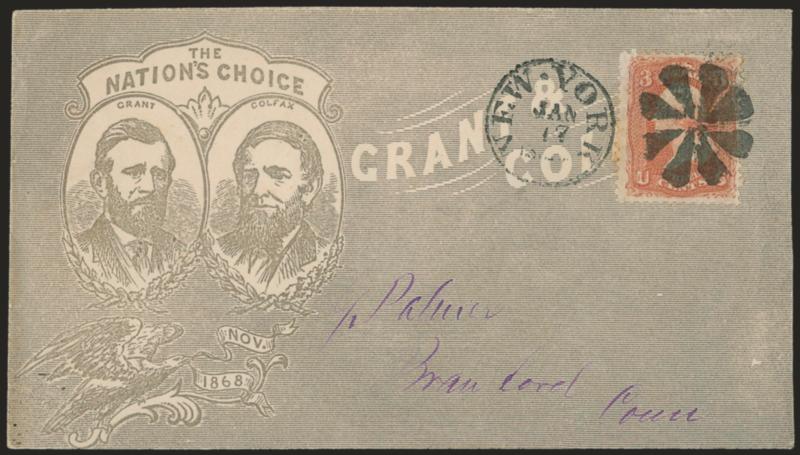 3c Red, F. Grill (94).> Tied by well-struck rosette, New-York Jan. 17 circular datestamp on cover to Branford Conn. with <The <The Nations Choice Grant and Colfax overall gray campaign design,> Milgram UG-40,
fresh and Extremely Fine