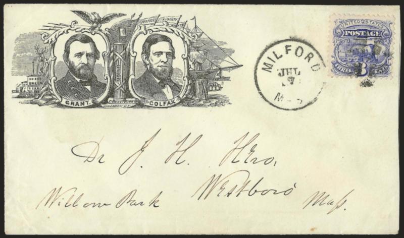 3c Ultramarine (114).> Tied by quartered cork and Milford Mass. Jul. 7 circular datestamp on cover to Westboro Mass. with <Grant and Colfax ornately framed portraits,> Milgram UG-42, slightly reduced at right,
fresh and Very Fine, ex Coulter