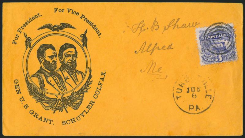 3c Ultramarine (114).> Tied by target, Turbotville Pa. Jun. 6 circular datestamp on orange cover to Alfred Me. with <Grant and Colfax portraits in frame,> a simple creation, Milgram UG-44, Very Fine, scarce
design, ex Walcott