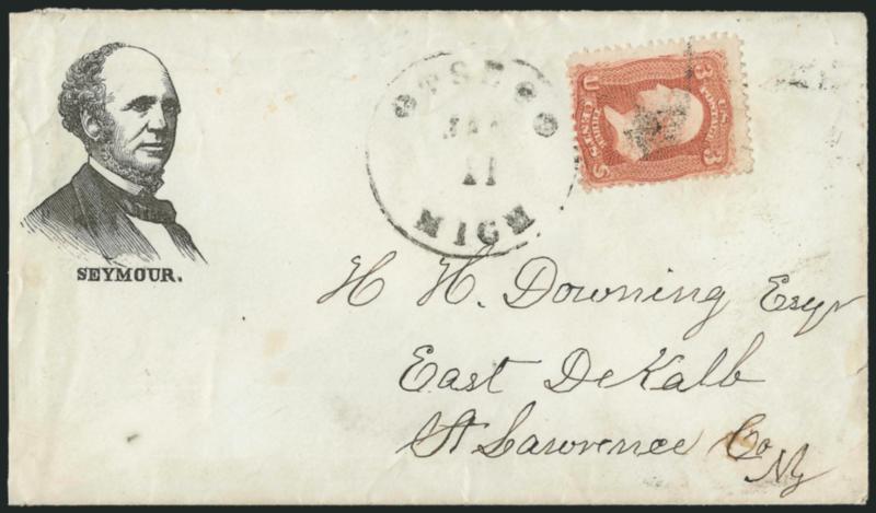 3c Red, F. Grill (94).> Cancelled by cork and tied by Otsego Mich. Jan. 11 circular datestamp on cover to East DeKalb N.Y. with <Seymour portrait,> Milgram HS-1, slightly reduced at left and trivial wear, Very
Fine, ex Knox