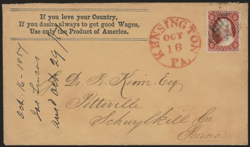 3c Dull Red, Ty. III (26).> Deep rich color on bright paper, tied by grid, well-struck red Kensington Pa. Oct. 16 circular datestamp on buff cover to Pottsville Pa., with f you love your Country, If you desire
always to get good Wages, Use only