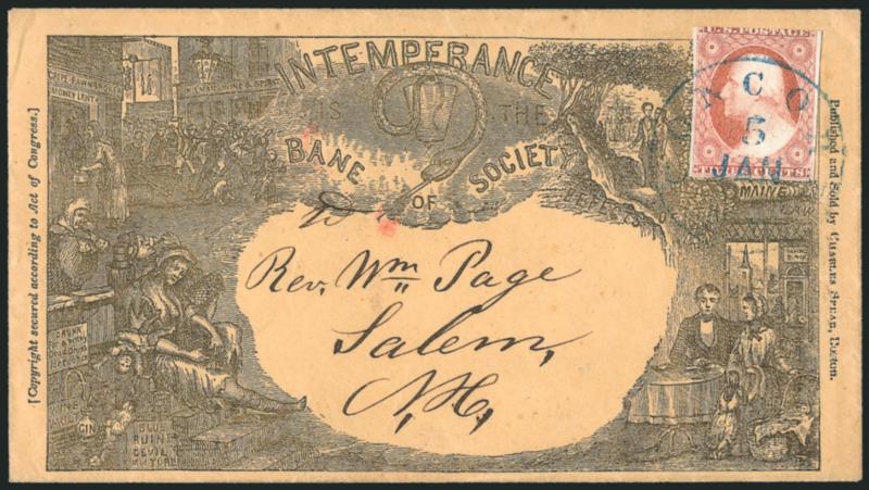 3c Dull Red, Ty. II (11A).> Bright shade, large margins to just in tied by blue Concord N.H. Jan. 5 circular datestamp on buff cover to Salem N.H. with ntemperance is the Bane of Society propaganda design,>
Charles Spear imprint at right, with