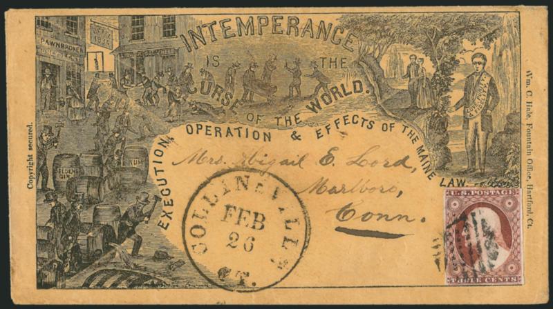 3c Dull Red, Ty. II (11A).> Rich color, margins to in, tied by grid, Collinsville Ct. Feb. 26 circular datestamp on buff cover to Marlboro Ct., with ntemperance is the Curse of the World propaganda design,> Wm.
C. Hale imprint at right, Very Fi