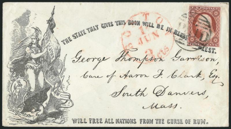3c Brownish Carmine, Ty. II (11A).> Large margins all around, sharp impression, tied by large Paid grid, red Boston 3cts. Jun. 12 integral-rate circular datestamp on cover to South Danvers Mass., with
<illustrated The Maine Liquor Law Temperanc