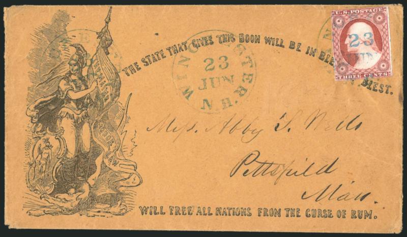 3c Dull Red, Ty. II (11A).> Large margins to just touched, tied by blue Winchester N.H. Jun. 23 circular datestamp, second strike at left, on brown cover to Pittsfield Mass., with <illustrated The Maine Liquor
Law Temperance propaganda design,> f