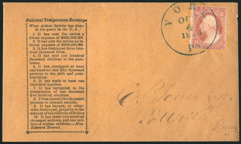 3c Dull Red, Ty. III (26).> Bright shade, tied by blue York Pa. Oct. 4, 1858 circular datestamp on brown cover to Pottsville Pa. with <National Temperance Envelope propaganda design,> a list of What Ardent
Spirits has done in ten years in the U.