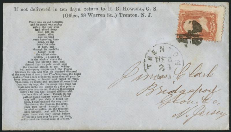 3c Red, F. Grill (94).> Tied by quartered cork, Trenton N.J. Dec. 23 circular datestamp on blue cover to Bridgeport N.J., with <Temperance propaganda text in the shape of a liquor bottle,> return address at top,
slightly reduced at left and tiny te