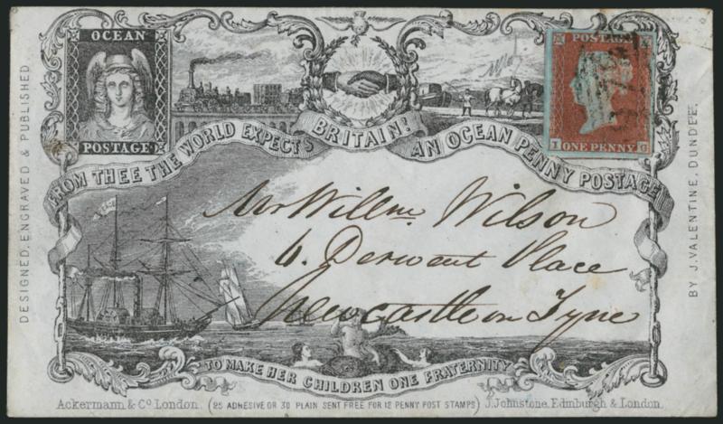 Great Britain, 1841, 1p Red Brown on Bluish (3 SG 8).> IG, large to huge margins, tied by 978 in barred oval handstamp, Acklington JY 3, 1851 backstamp on cover to Newcastle-on-Tyne, with <Ocean Penny Postage
illustrated propaganda design,> Stat
