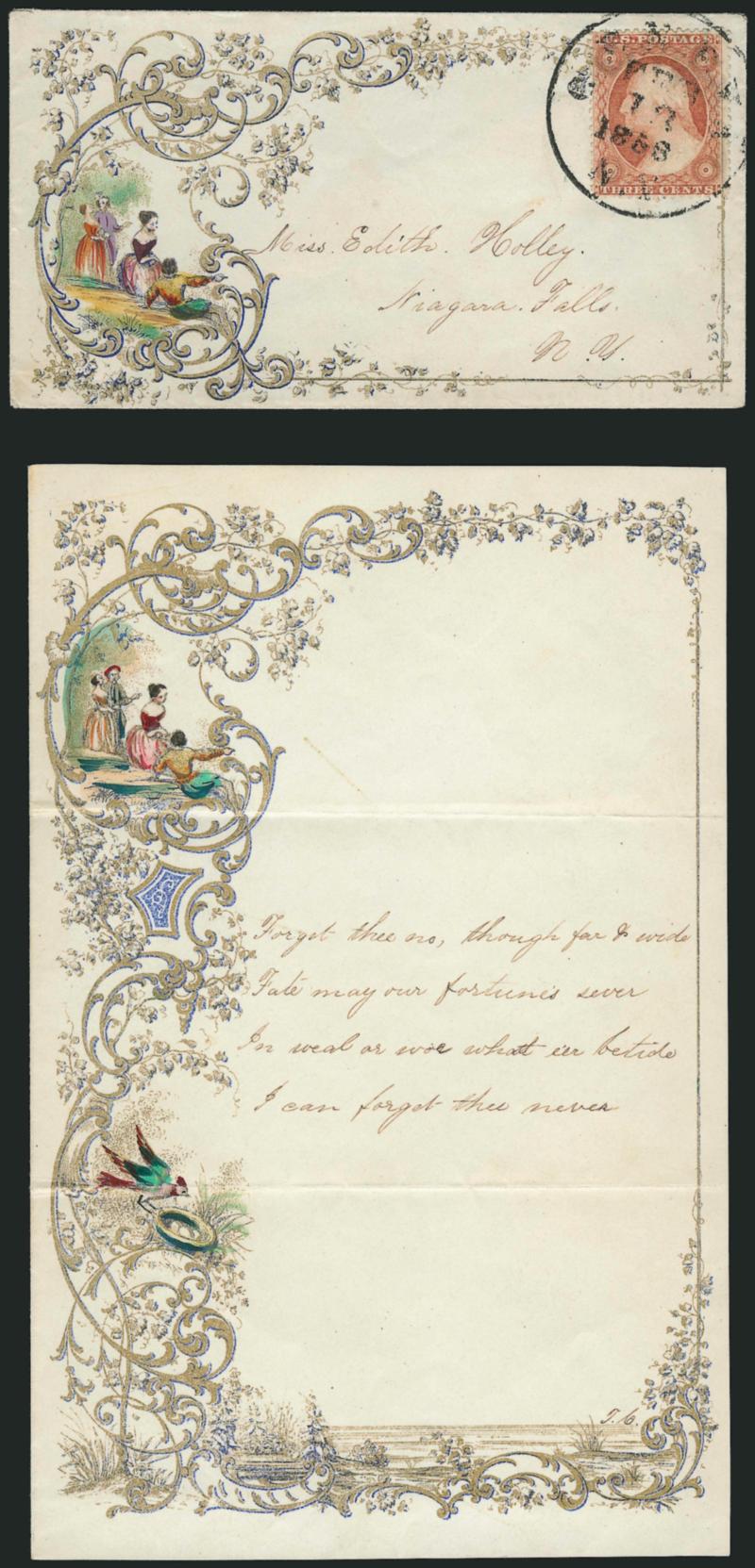 3c Dull Red, Ty. III (26).> Bright shade, tied by Geneva N.Y. Feb. 13, 1858 circular datestamp on small cover to Niagara Falls N.Y., <gold-leaf and hand-colored Romeo and Juliet Valentine design with matching
enclosure,> love peom in the same hand