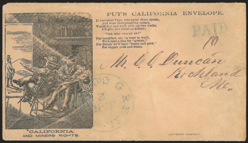 Greenwood Cal. Jan. 2.> Greenish blue circular datestamp and matching Paid with manuscript 10 rate on manila cover to Rockland Me. with <Puts California Envelope illustrated design> depicting miners at breakfast
table, promoter outside doorway