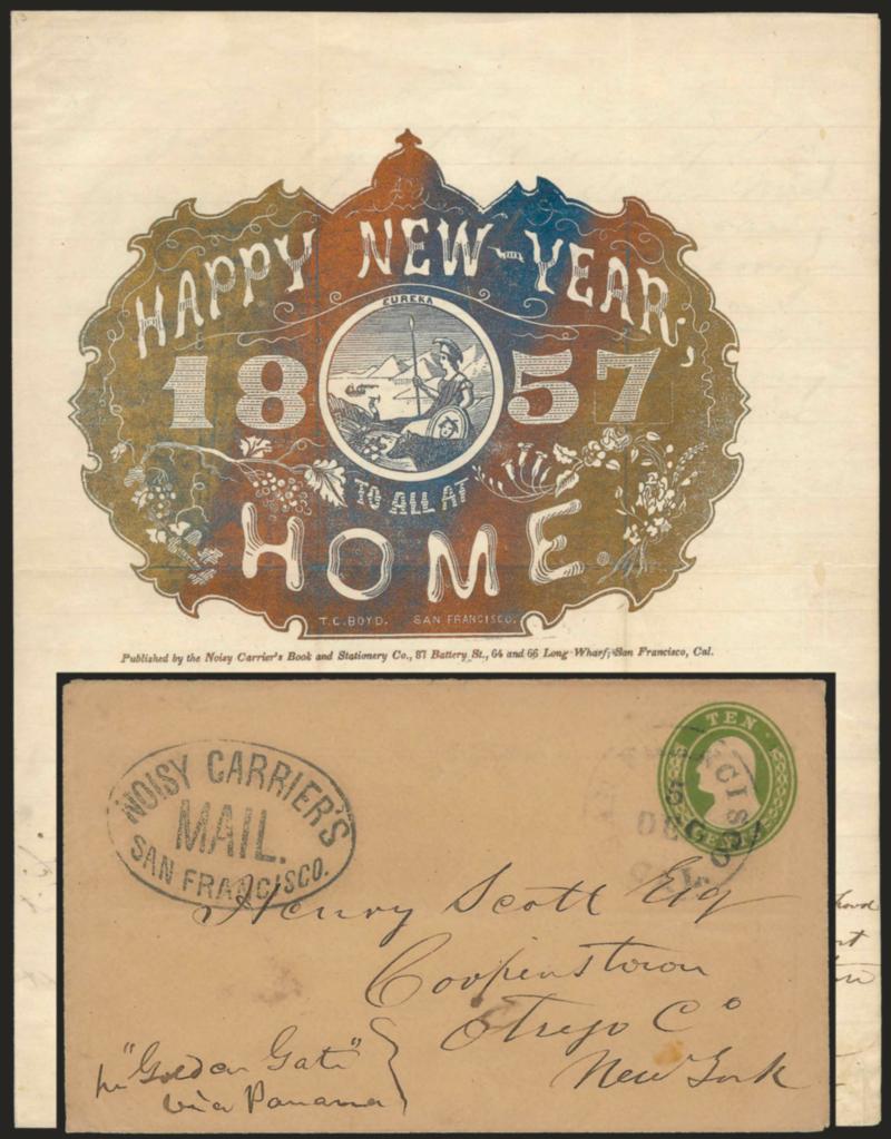 10c Green on Buff entire (U18).> Bold strike of <Noisy CarriersMail.San Francisco> large oval handstamp and embossed stamp cancelled by San Francisco Cal. 5 Dec. circular datestamp, to Cooperstown N.Y. with
senders routing designation at bott