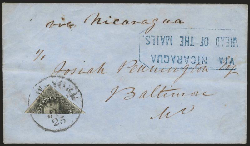 12c Black, Diagonal Half Used as 6c (17a).> Top right diagonal half with large margins, tied all around by New-York Ship Jul. 25 circular datestamp on blue linen-lined envelope to Baltimore Md., senders routing
<<Via Nicaragua>> and perfectly cl