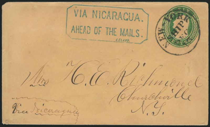 6c Green on Buff entire (U14).> Cancelled by well-struck New-York Ship Dec. 15 circular datestamp and used to Churchville N.Y., senders routing <<Via Nicaragua>> and <blue ^VIA NICARAGUAAHEAD OF THE MAILSLELAND^>
framed handstamp, some sligh