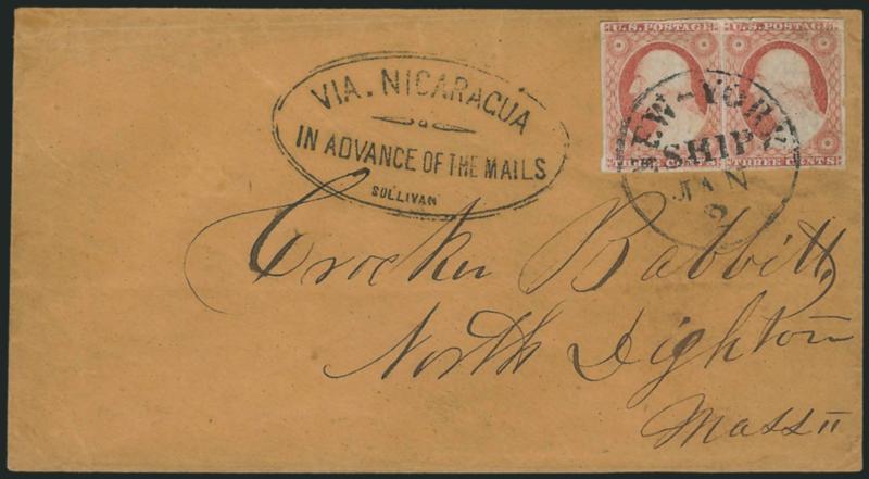 3c Dull Red, Ty. II (11A).> Horizontal pair, large margins, tied by New-York Ship Jan. 2 circular datestamp on buff cover to North Dighton Mass., with clear strike of <^VIA NICARAGUAIN ADVANCE OF THE
MAILSSULLIVAN^> double-line oval handstamp, s