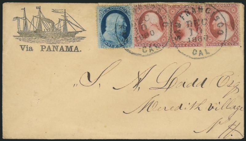 1c Blue, Ty. V, 3c Dull Red, Ty. III (24, 26).> Horizontal pair and single of 3c, tied by neat strikes of San Francisco Cal. Dec. 10, 1860 circular datestamps on cover to Meredith Village N.H., with <Via Panama
illustrated sidewheel steamship des
