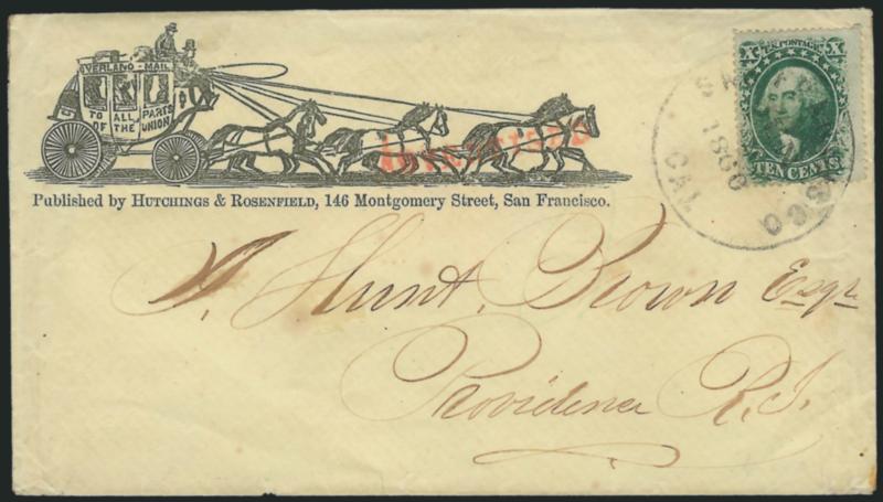 10c Green, Ty. V (35).> Tied by San Francisco Cal. Jun. 2, 1860 circular datestamp on yellow cover to Providence R.I. with <illustrated six-horse stagecoach design,> Hutchings & Rosenfield of San Francisco
imprint, <red ^ADVERTISED^ straightline