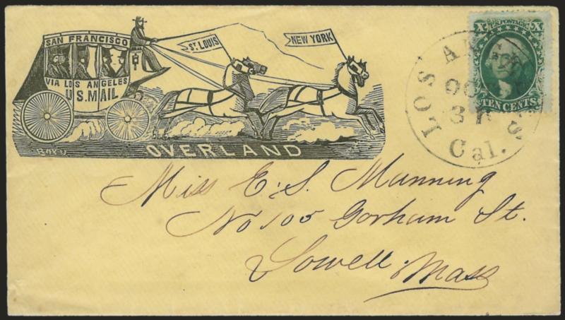 10c Green, Ty. V (35).> Deep shade, lightened gum stains, tied by Los Angeles Cal. Oct. 31 circular datestamp on yellow cover to Lowell Mass. with <large Overland illustrated four-horse stagecoach design,> Boyd
imprint at lower left of woodcut, a