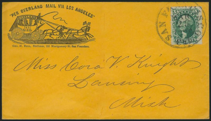 10c Green, Ty. V (35).> Tied by San Francisco Cal. Mar. 23, 1860 circular datestamp on orange cover to Lansing Mich. with <Per Overland Mail via Los Angeles illustrated four-horse stagecoach design> and Geo. H.
Bell imprint, perfect condition, Ex
