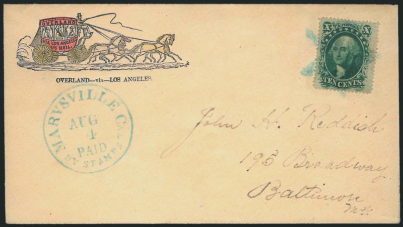 10c Green, Ty. V (35).> Tied by <blue Star fancy cancel,> matching Marysville Cal. Paid by Stamps Aug. 4 circular datestamp on cover to Baltimore Md. with <Overland--via--Los Angeles hand-colored illustrated
four-horse stagecoach design,> lightly