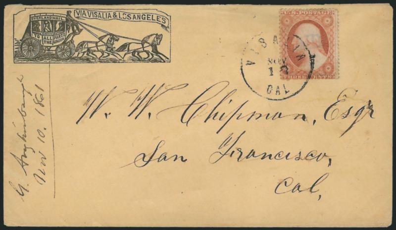 3c Dull Red, Ty. III (26).> Affixed over Paid in oval handstamp, tied by Visalia Cal. Nov. 12 circular datestamp on cover to San Francisco with <Via Visalia & Los Angeles illustrated four-horse stagecoach
design,> docketed with 1861 year date, s