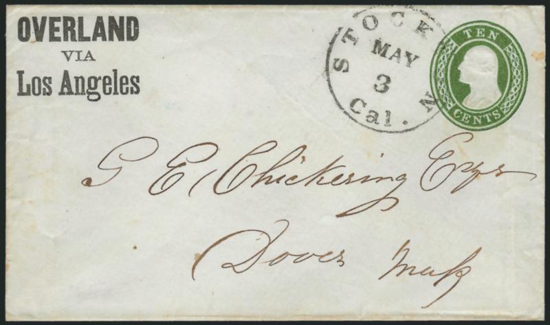 Overland via Los Angeles.> Three-line imprint in black on 10c Green on White entire (U15) to Dover Mass., Stockton Cal. May 3 circular datestamp<><>^EXTREMELY FINE. ONE OF THREE RECORDED EXAMPLES OF THE BLACK
OVERLAND VIA LOS ANGELES IMPRINT ON