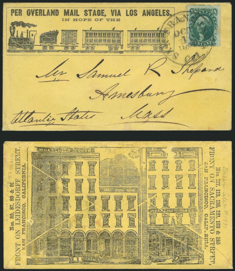 10c Green, Ty. V (35).> Tied by San Francisco Cal. Oct. 10, 1859 circular datestamp on yellow cover to Amesbury Mass. with <Per Overland Mail Stage, Via Los Angeles. In hope of the [railroad] illustrated railroad
propaganda design on front and W