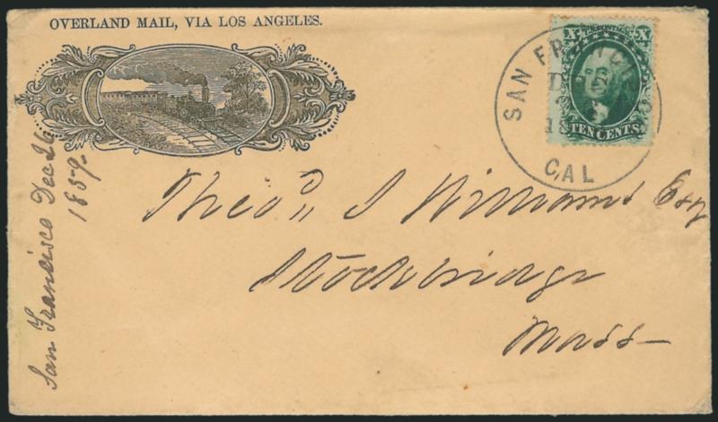 10c Green, Ty. V (35).> Dark shade, tied by perfect strike of San Francisco Cal. Dec. 26, 1859 circular datestamp on cover to Stockbridge Mass. with <Overland Mail, Via Los Angeles illustrated railroad propaganda
design,> locomotive in ornate ova