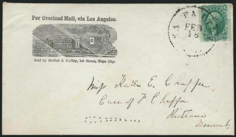 10c Green, Ty. V (35).> Bright color, tied by Napa City Cal. Feb. 18 circular datestamp on cover to Rutland Vt. with <Per Overland Mail, via Los Angeles illustrated railroad propaganda design,> McNeil & Dudley
(Napa City) imprint, Lipmans Adhes