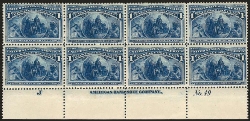1c Columbian (230).> Bottom imprint, plate no. 49 and letter J at left block of eight, stamps Mint N.H., small adherence in selvage only leaving part of imprint from sheet below this one in the stack, intense
shade and impression, fresh and Fine-Ve