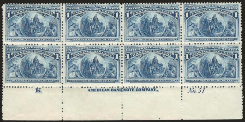 1c Columbian (230).> Mint N.H. bottom imprint, plate no. 51 and letter K at left block of eight, radiant color, tiny tear and minor perf separations in selvage only, Fine