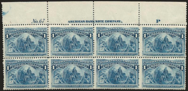 1c Columbian (230).> Mint N.H. top imprint, plate no. 67 and letter P at right block of eight, bright color, slight naturally short gum on Pos. 3, natural gum bends, light pencil notation in ungummed part of
selvage, Fine