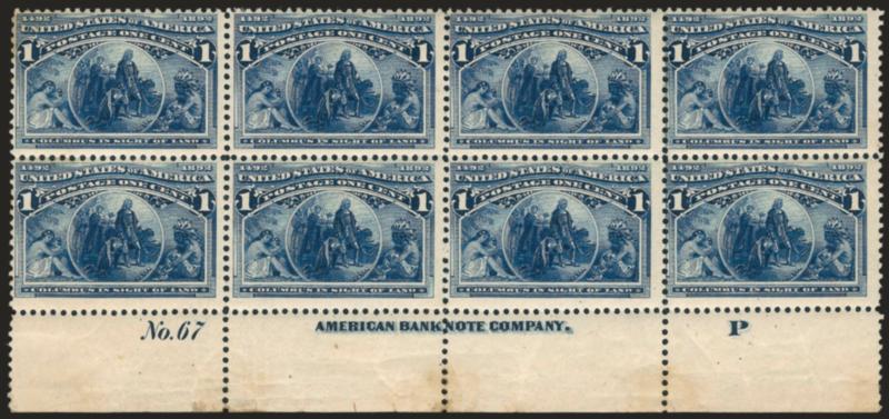 1c Columbian (230).> Bottom imprint, plate no. 67 and letter P at right block of eight, disturbed original gum, intense shade, some toning, otherwise Fine