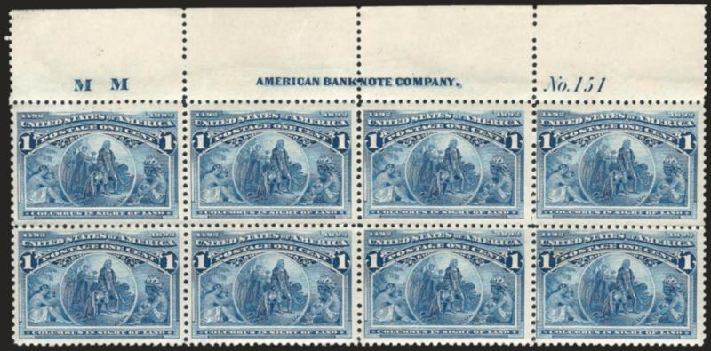 1c Columbian (230).> Mint N.H. top imprint, plate no. 151 and letter M M at left block of eight, brilliant color, few expertly rejoined perf separations at top of selvage, Pos. 2 and 6 internal crease, appears
Fine