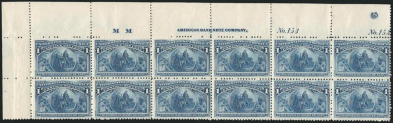 1c Columbian (230).> Mint N.H. top imprint, <double plate no.> 153 and letter M M at left block of twelve, crisp impression, couple minor selvage tears, the presence of the right plate no. indicates that this
came from the pane of 100 that was only