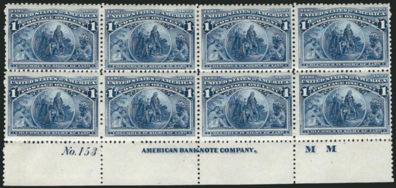 1c Columbian (230).> Bottom imprint, plate no. 153 and M M at right block of eight, original gum, single h.r. at top center, brilliant color, Fine-Very Fine, Pos. 6 is especially nice