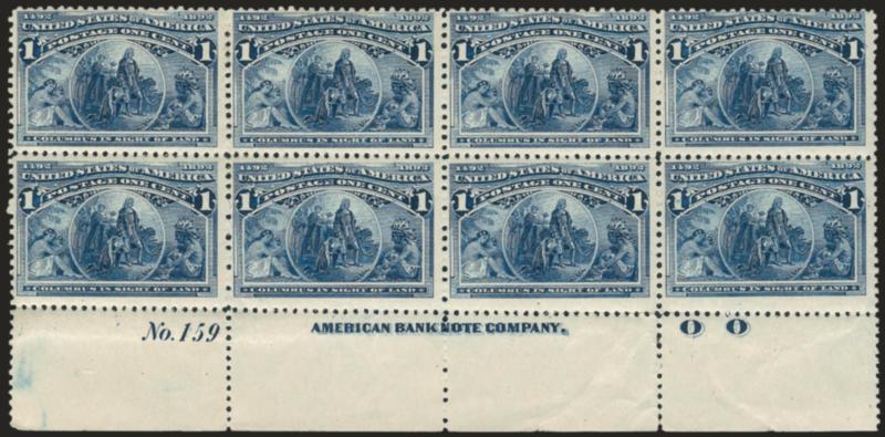1c Columbian (230).> Bottom imprint, plate no. 159 and letter O O at right block of eight, original gum, lightly hinged where few perf separations expertly reinforced, rich color, usual small flaws in selvage,
Fine