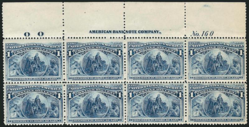 1c Columbian (230).> Mint N.H. top imprint, plate no. 160 and letter O O at left block of eight, radiant color, fresh and Fine-Very Fine, a choice Mint N.H. plate block