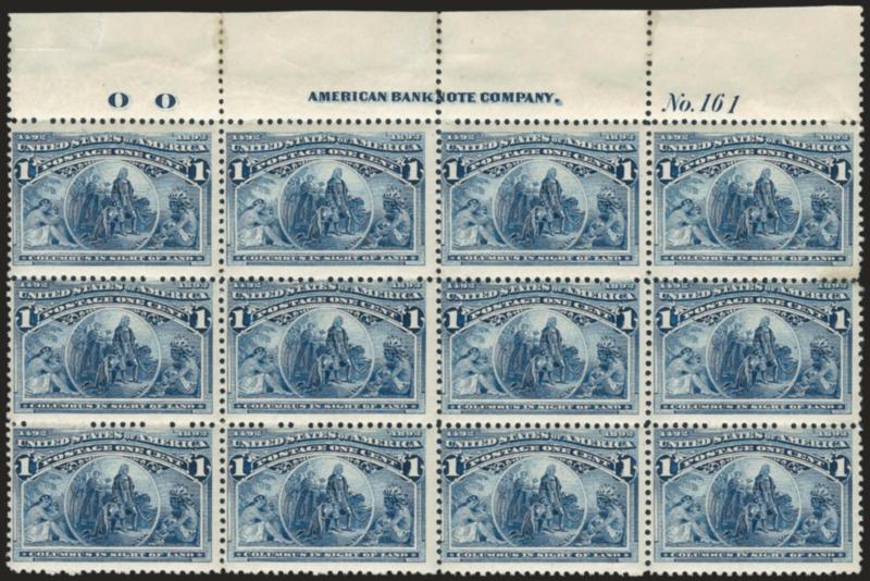 1c Columbian (230).> Top imprint, plate no. 161 and letter O O at left block of twelve, original gum, several stamps Mint N.H., h.r. in selvage where few perf separations reinforced and causing gum soaks, small
tear in selvage, otherwise Fine