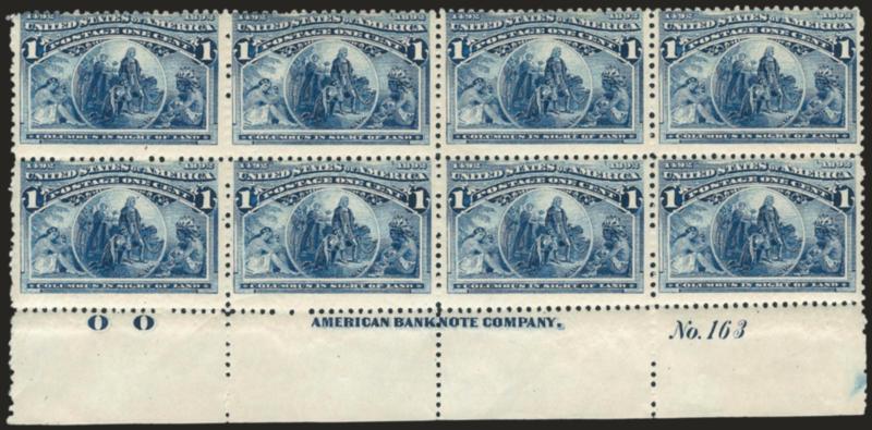 1c Columbian (230).> Mint N.H. bottom imprint, plate no. 163 and letter O O at left block of eight, crisp impression, fresh and Fine