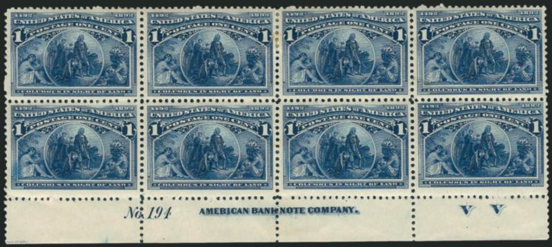 1c Columbian (230).> Bottom imprint, plate no. 194 and letter V V at right block of eight, original gum, h.r. at top, few perf separations, some slight toning, otherwise Fine-Very Fine