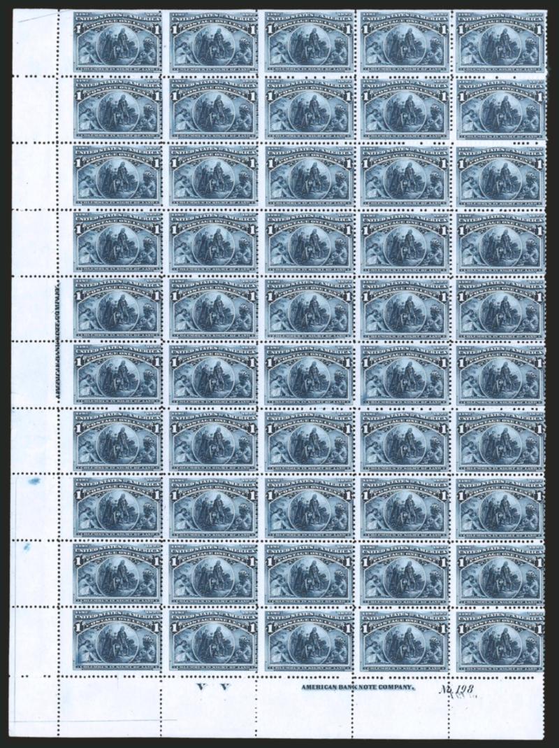 1c Columbian (230).> Mint N.H. half-pane of 50, with imprint, plate no. 198 and letter V V at bottom and with imprint at left, natural straight edge at top, deep rich color, few selvage faults and perf
separations, Very Good, Scott Retail as Mint N