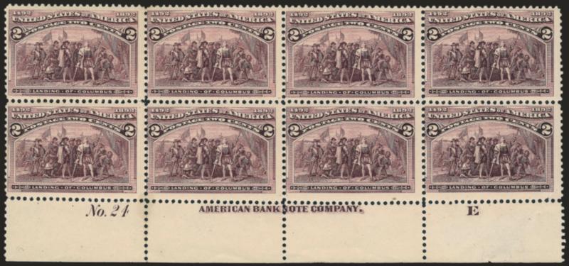 2c Columbian (231).> Bottom imprint, plate no. 24 and letter E at right block of eight, original gum, rich color, few expertly rejoined perf separations, Fine