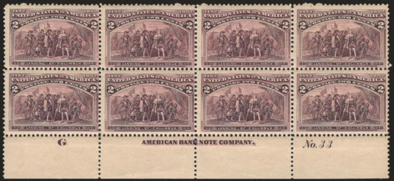 2c Columbian (231).> Mint N.H. bottom imprint, plate no. 33 and letter G block of eight, intense shade, paper with overall toning, otherwise Fine