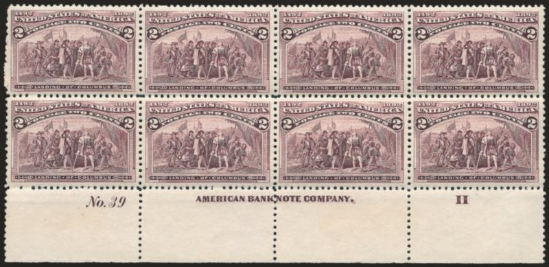 2c Columbian (231).> Mint N.H. bottom imprint, plate no. 39 and letter H at right block of eight, radiant color, crisp impression, beautiful centering throughout<><>^EXTREMELY FINE GEM. A SUPERB MINT
NEVER-HINGED PLATE BLOCK OF EIGHT OF THE 2-CEN