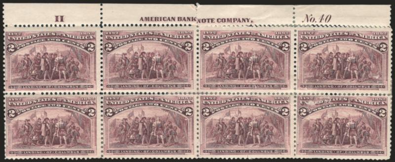 2c Columbian (231).> Top imprint, plate no. 40 and letter H at left block of eight, original gum, heavy h.r., somewhat defective with part of selvage reattached, otherwise Fine