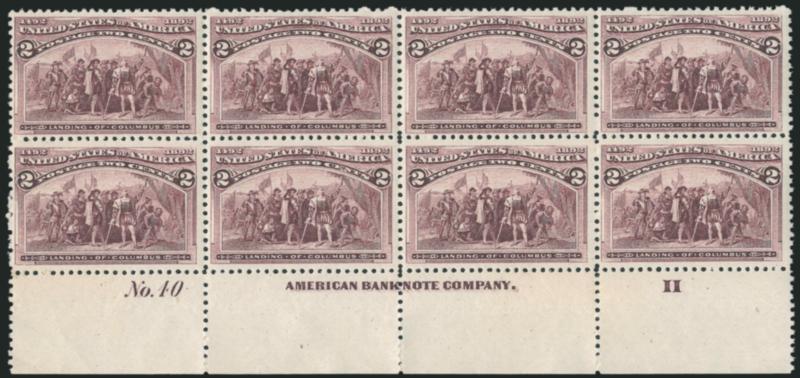 2c Columbian (231).> Mint N.H. bottom imprint, plate no. 40 and letter I I at right block of eight, crisp paper and impression, Fine-Very Fine, with 1989 P.F. certificate as a block of 15