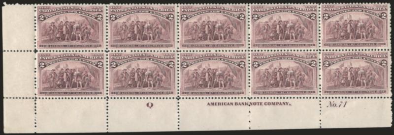 2c Columbian (231).> Bottom left corner imprint, plate no. 71 and letter Q at left block of ten, the plate block of eight Mint N.H., single h.r. at top left, radiant color, minor natural gum bends, Very Fine
and choice