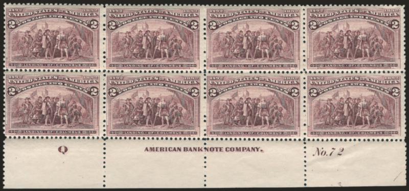 2c Columbian (231).> Bottom imprint, plate no. 72 and letter Q at left block of eight, original gum, lightly hinged, natural gum bends, few minor perf separations, Fine-Very Fine