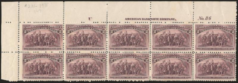 2c Columbian, Broken Hat (231 var).> Mint N.H. top left corner imprint, plate no. 86 and letter U block of ten, all show the variety to some degree with some having clear notch in hat and others with small dent
in the hat, deep rich color, detailed