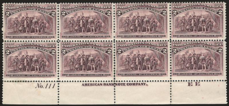 2c Columbian (231).> Bottom imprint, plate no. 111 and letter E E at right block of eight, original gum, some perf separations expertly rejoined causing light gum soaks at center, otherwise Fine